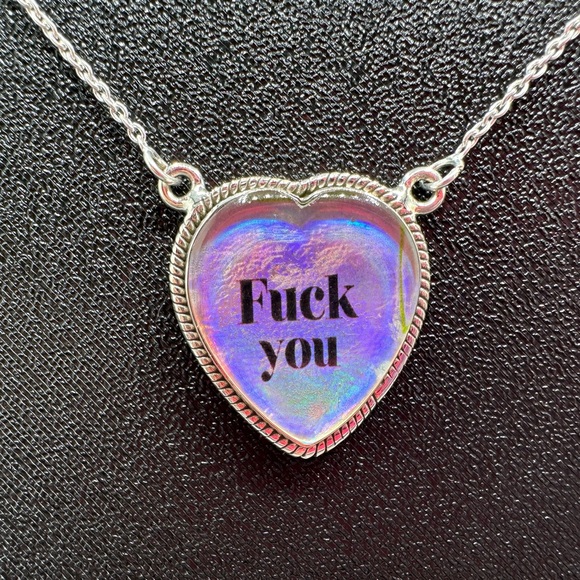 🎃 Sterling Silver 925 F*ck You Holographic Heart Pendant Necklace Handmade
